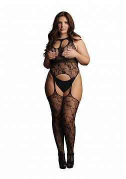 Lace suspender bodystocking with round neck - Black - OSX