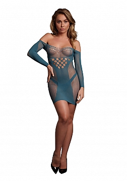 Long-Sleeved Net Mini Dress - One Size - Ocean Deep