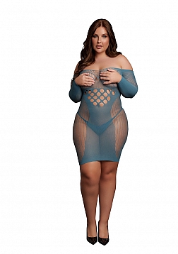 Long-Sleeved Net Mini Dress - Queen Size - Ocean Deep